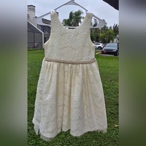 Girls Cream Lace Party Dress with Beaded Waist
